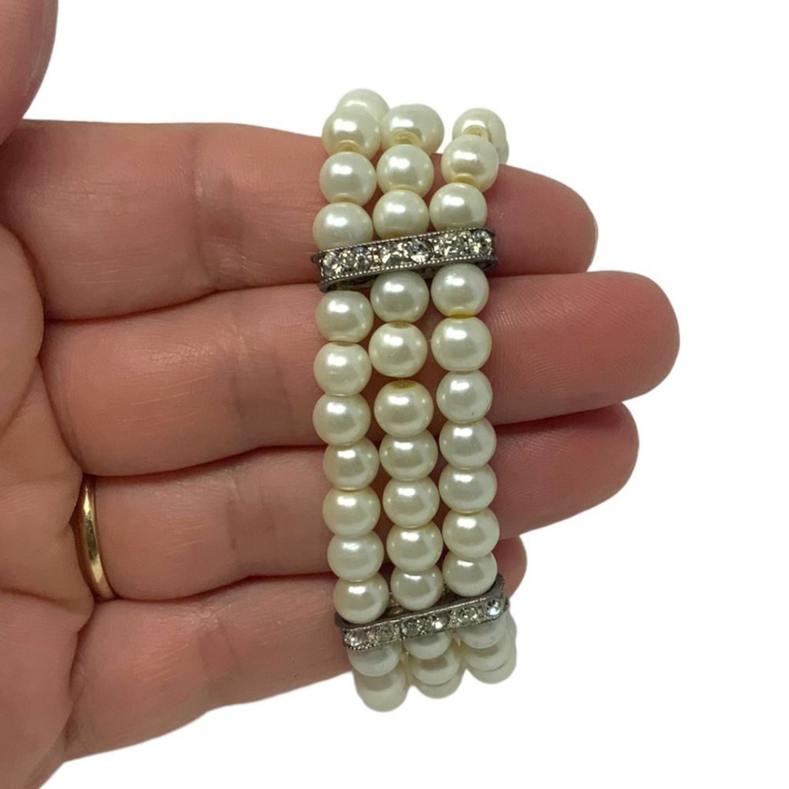 Other Vintage Faux Pearl Triple Strand Bracelet Rhinestone Bar Size ONE SIZE - 3 Thumbnail