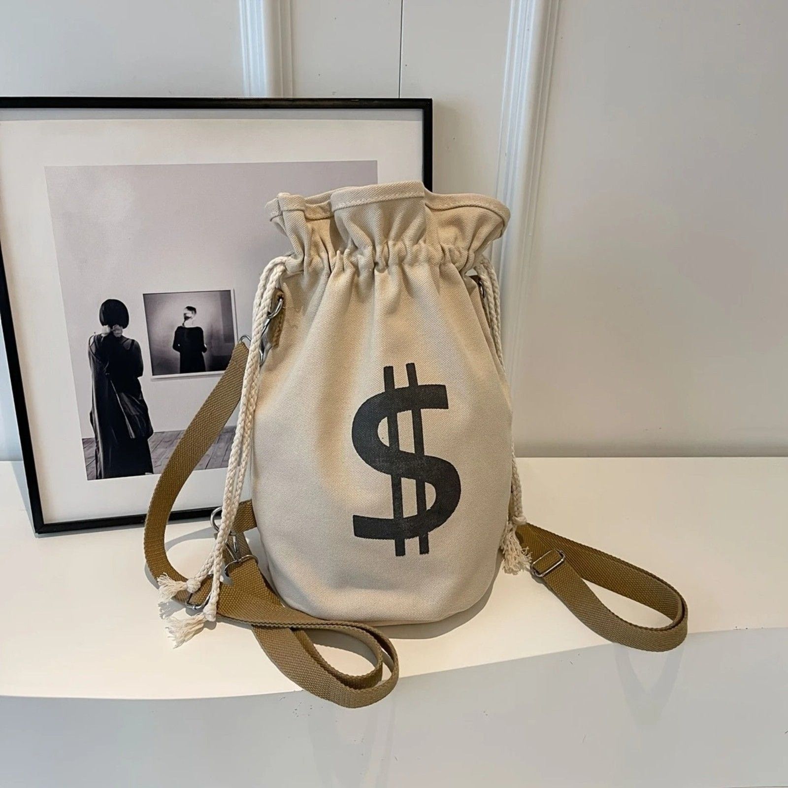 Other Bank Heist Money Bag Satchel Canvas Backpack - Beige Size ONE SIZE - 2 Thumbnail