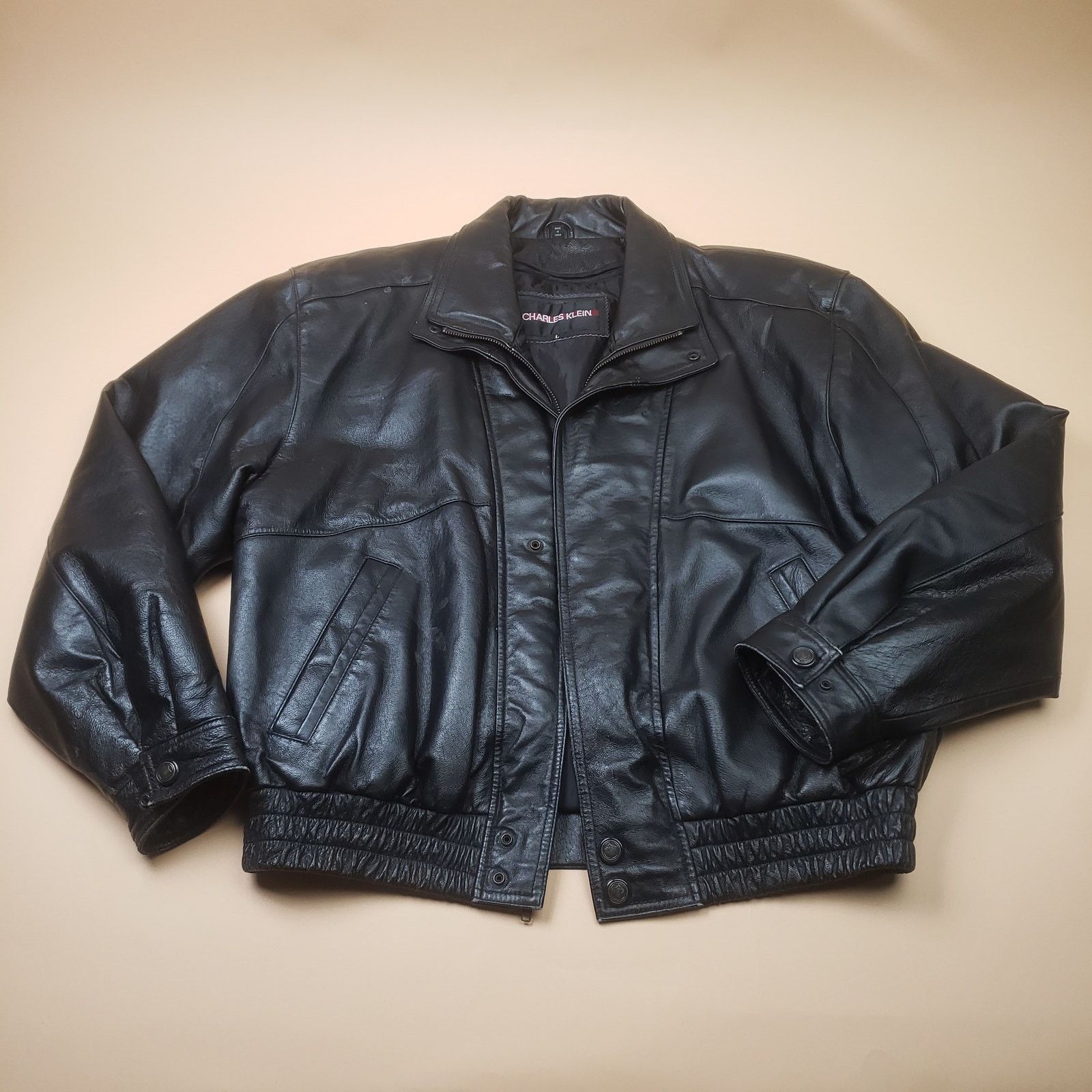 Charles Klein Leather Bomber Jacket XL Mens Full Zip Biker