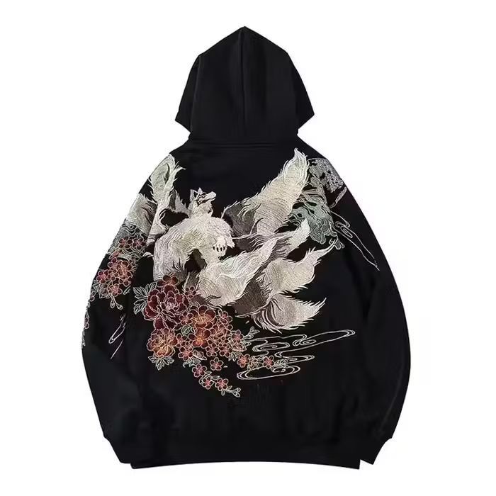 image of Vintage Embroidered Fox Japanese Streetwear Hoodie in Black, Men's (Size Large)