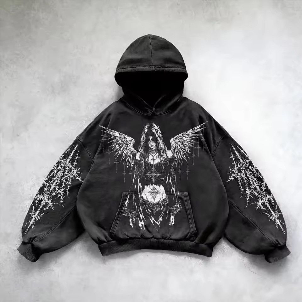 Japanese Brand Grunge Angel Graphic Hoodie - Black with Winged Angel Print Size US L / EU 52-54 / 3 - 3 Thumbnail