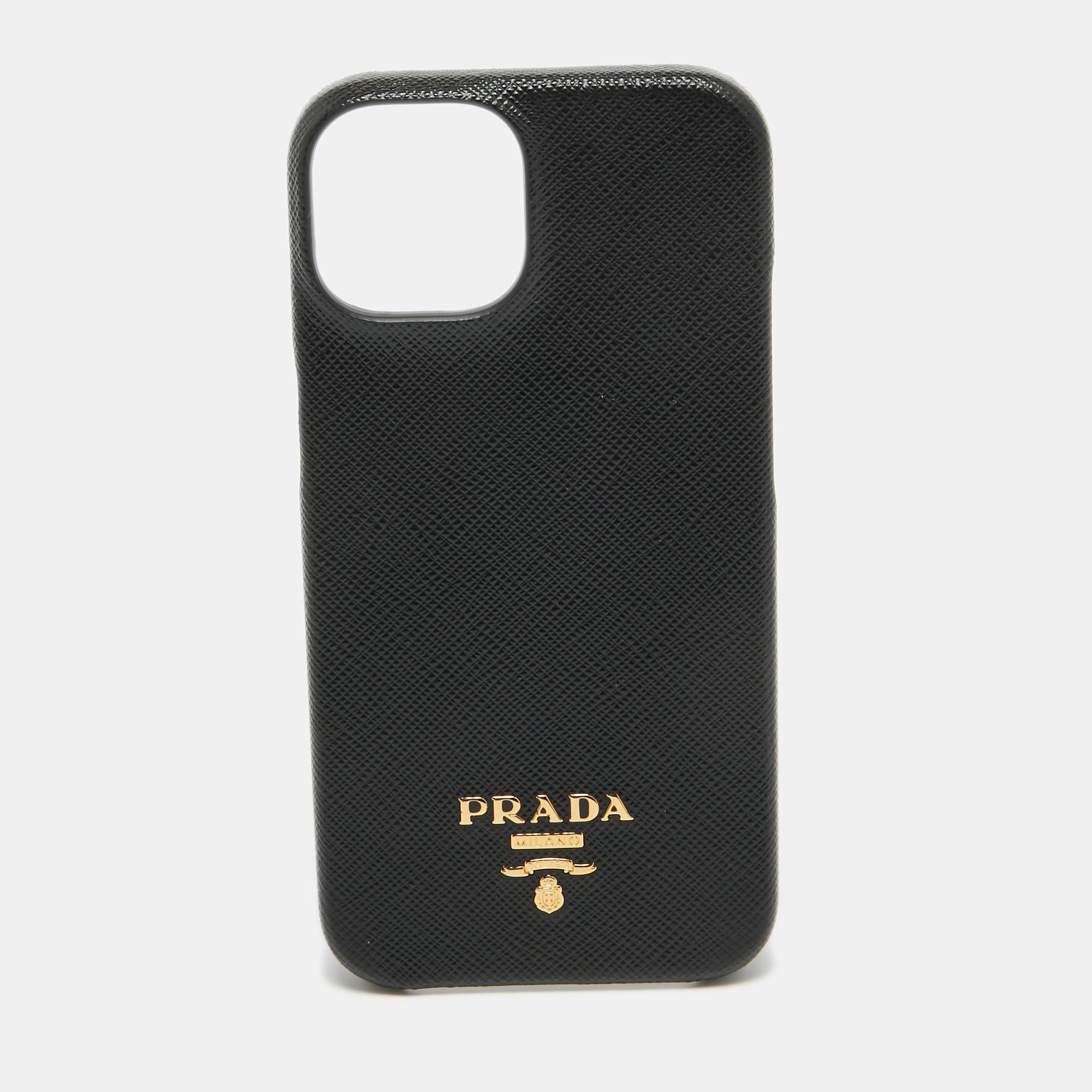 image of Prada Black Saffiano Leather Iphone 14 Case, Women's