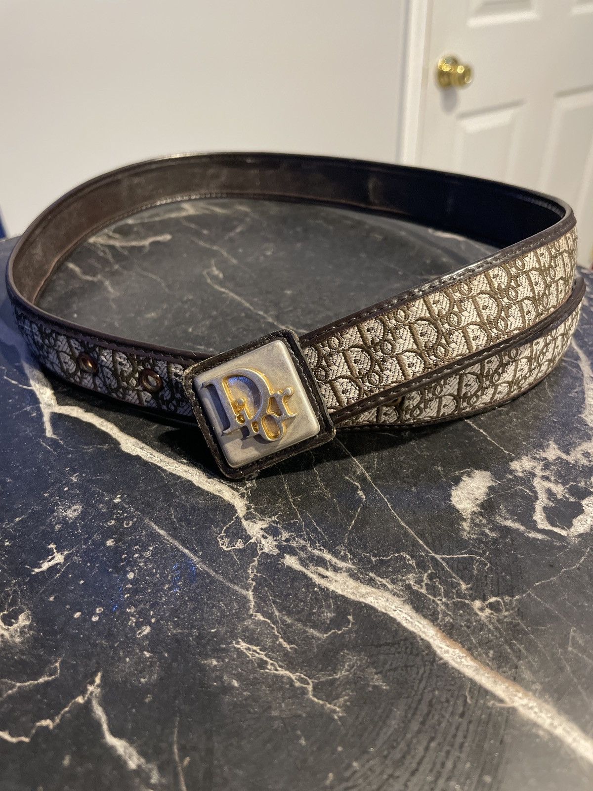 Christian Dior Leather jacquard Trotter Metal Buckle Logo Metal belt Accessory Brown gold 70