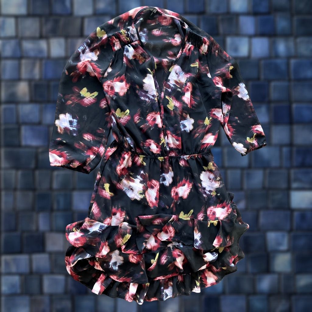 Vintage Kut From The Kloth Black Multi Floral Print Plunge Neck A-Line Dress SZ 8 Lined Size M / US 6-8 / IT 42-44 - 1 Thumbnail