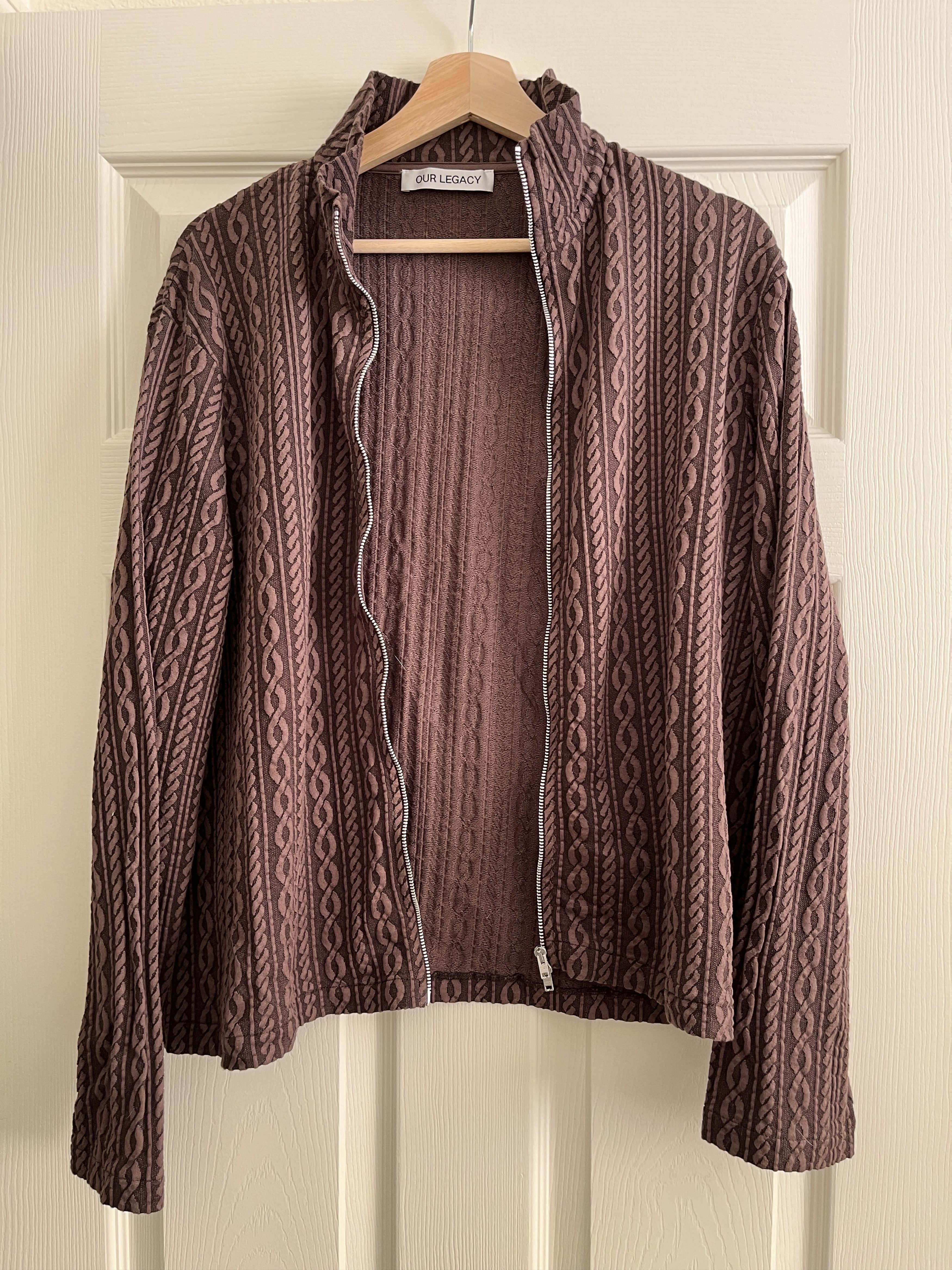 image of Our Legacy Shrunken Fullzip Polo in Indulgent Choco Cable Jacquard, Men's (Size Small)