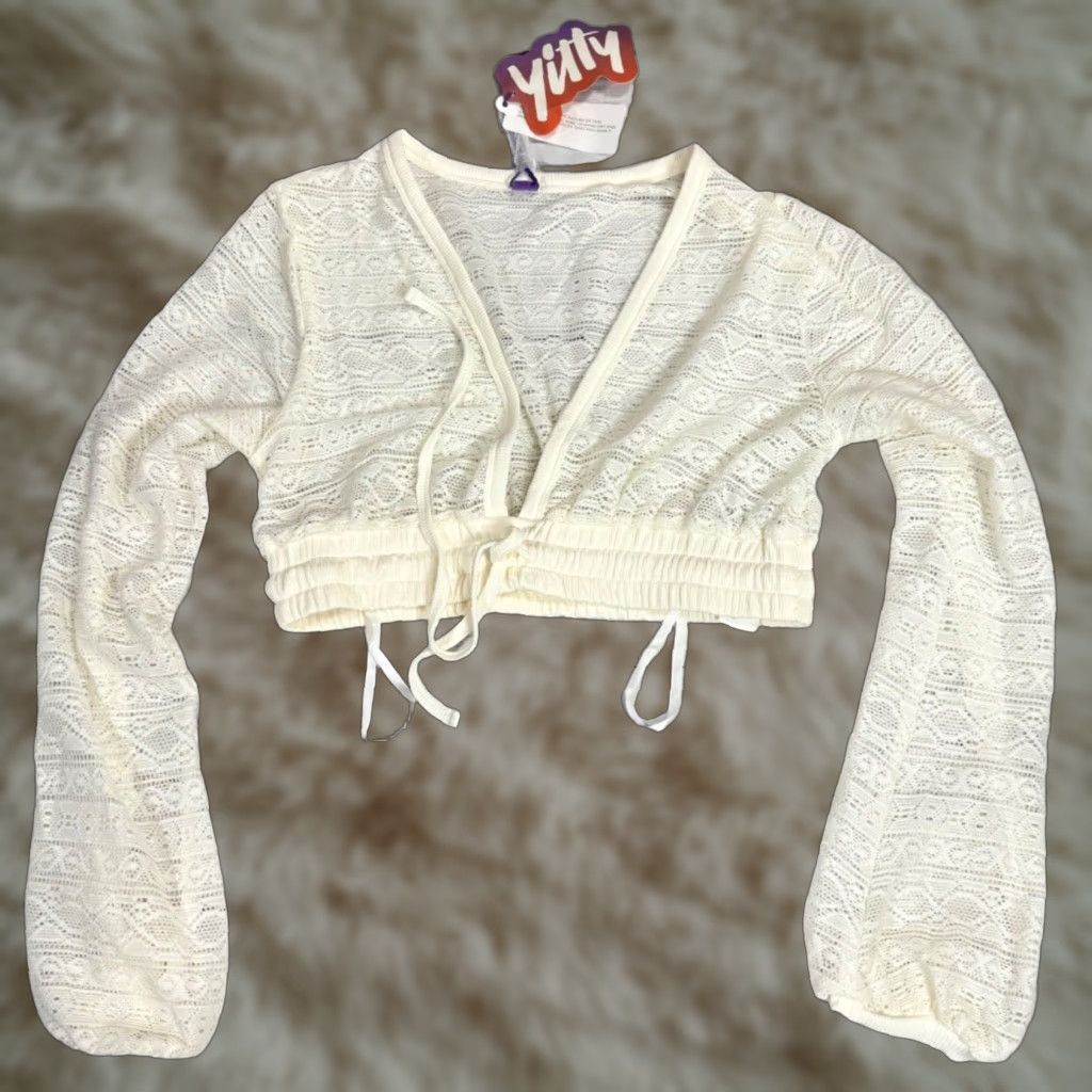 Vintage Yitty Ivory Knit Slip Crop Top V-Neck Long Sleeve M Womens Blouse Cropped Sheer Size M / US 6-8 / IT 42-44 - 1 Thumbnail