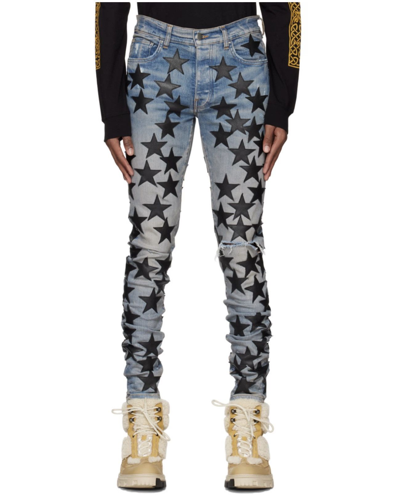 image of Offer Amiri X Chemist Leather Star Jeans Sz32 in Blue, Men's