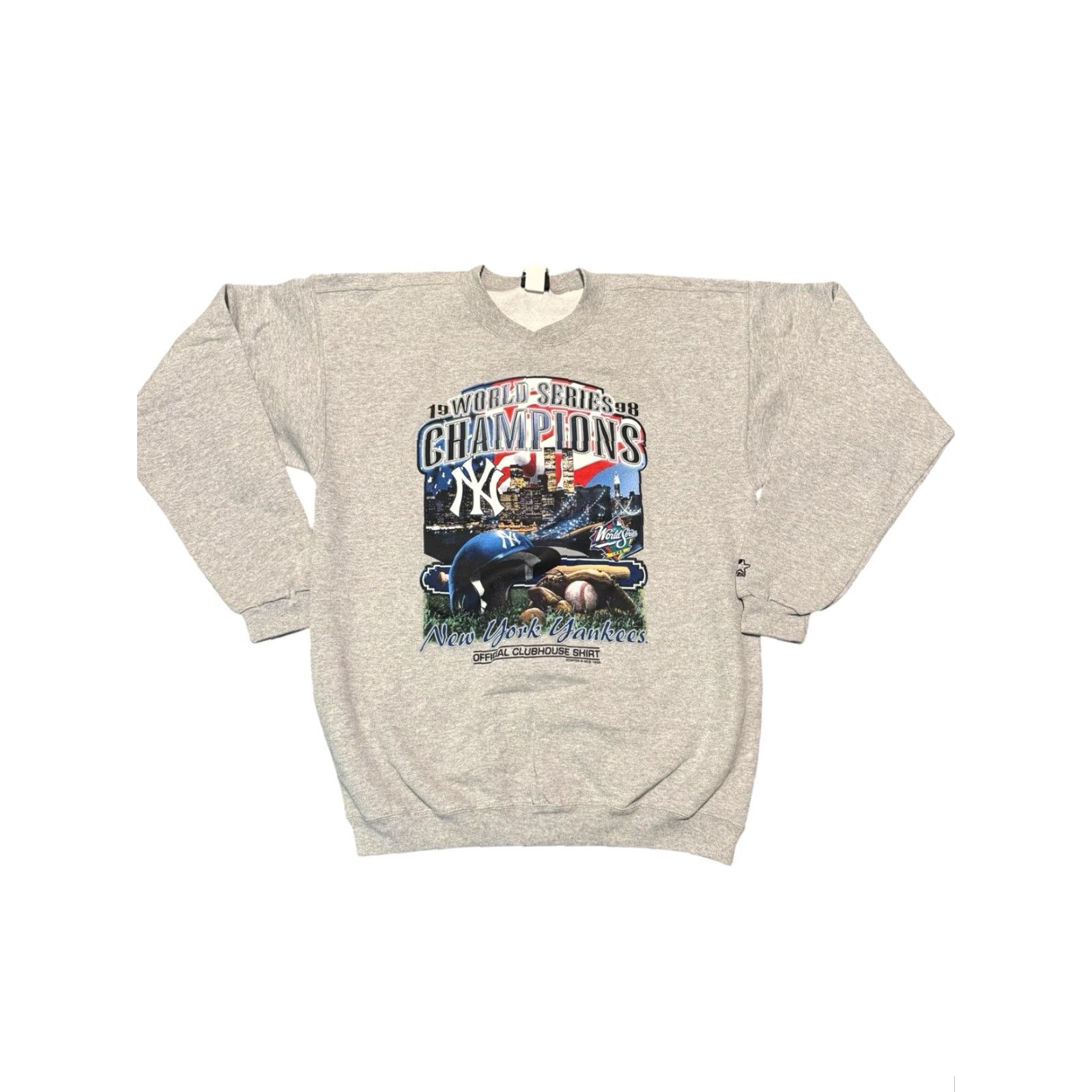 Starter VINTAGE Starter New York Yankees Sweatshirt MLB Gray Oversized Large Crew Neck Men's 1998 Champ Graphic Print Fleece Knit Pullover Size US L / EU 52-54 / 3 - 2 Thumbnail