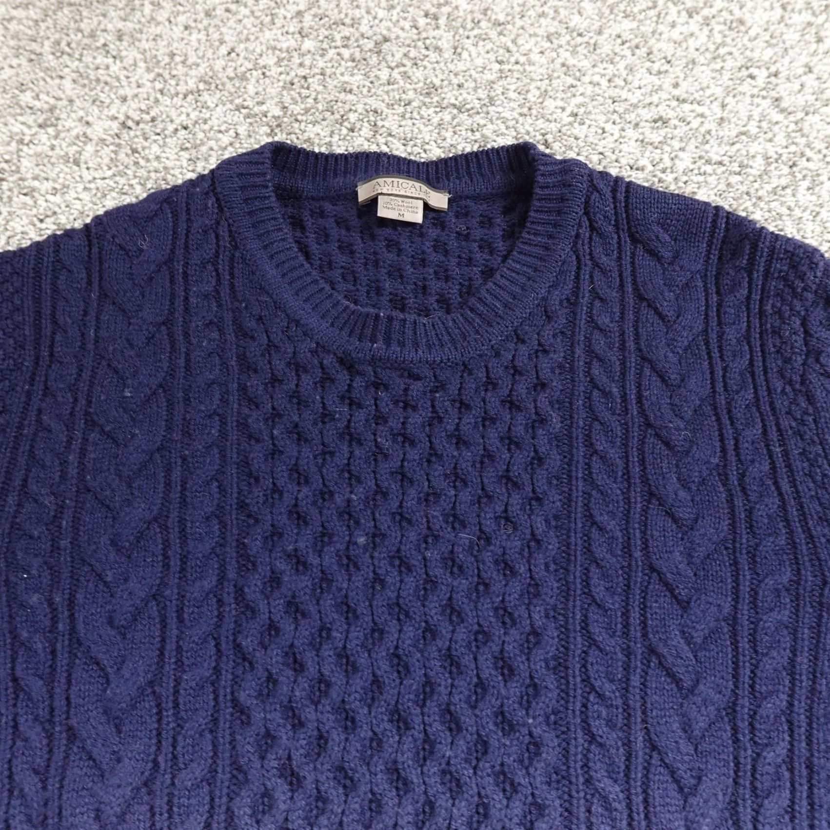 Vintage Amicale Sweater Mens M Blue Cream Ombre Wool Cashmere Aran Cable Knit Crewneck Size US M / EU 48-50 / 2 - 3 Thumbnail