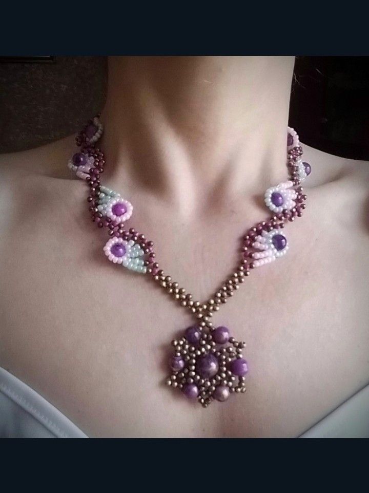 Handmade Necklace. Vintage, antique brass purple pearls. Earrings Size ONE SIZE - 5 Thumbnail