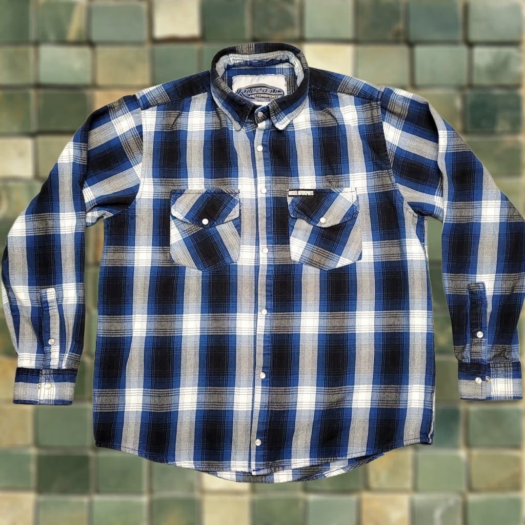 Vintage VTG Motorsports Shirt Mens L Blue Plaid Flannel Pearl Snap Western MT Missoula Denim? Size US L / EU 52-54 / 3 - 1 Thumbnail