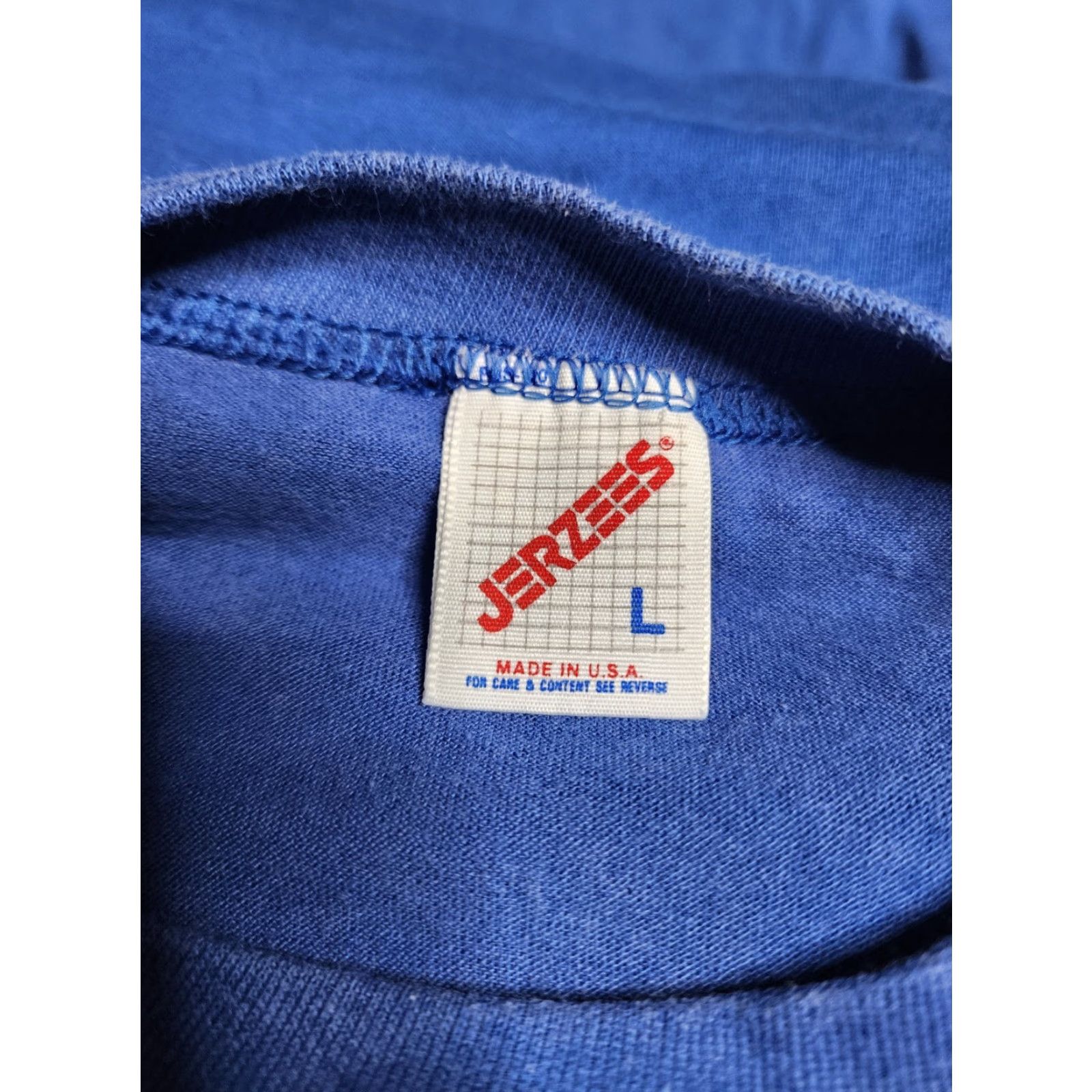 Jerzees Vintage Men's 1990s Cotton Blend Crewneck T-Shirt Blue Short Sleeve Made in USA Size US L / EU 52-54 / 3 - 6 Thumbnail
