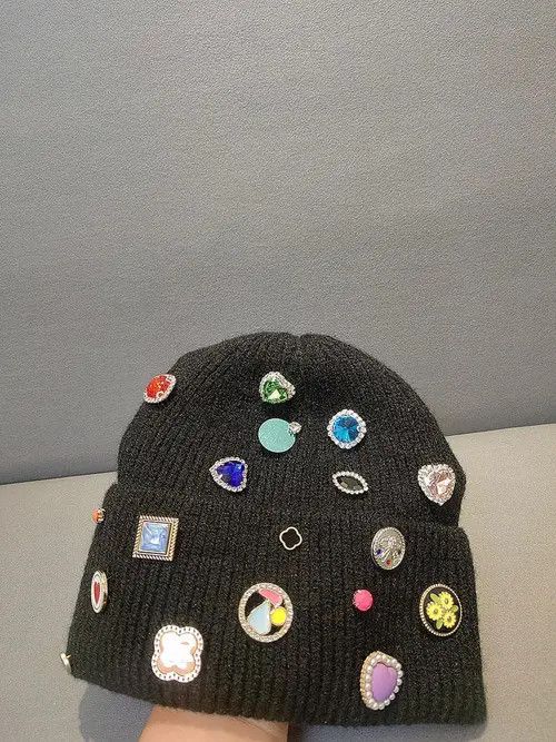 Other 876Black Beanie Hat with Colorful Gems and Badges Size ONE SIZE - 4 Thumbnail