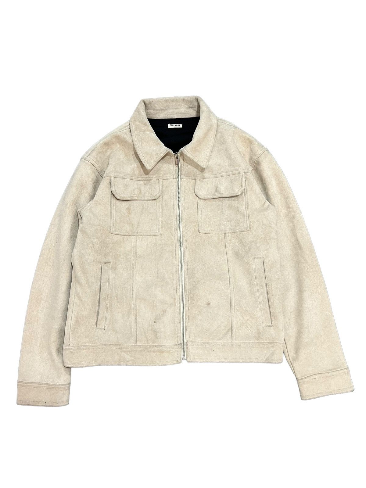 image of Miu Miu Zip Up Trucker Jacket Suede in Beige, Men's (Size Medium)