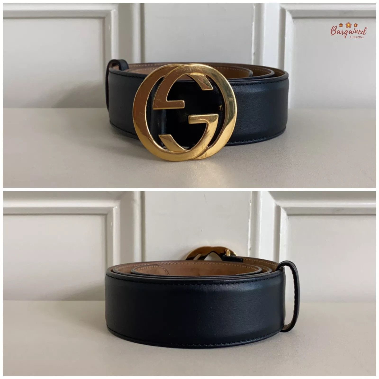 Gucci Gucci Black Calfskin Leather Gold Interlocking G Buckle Belt Size 28 - 2 Thumbnail