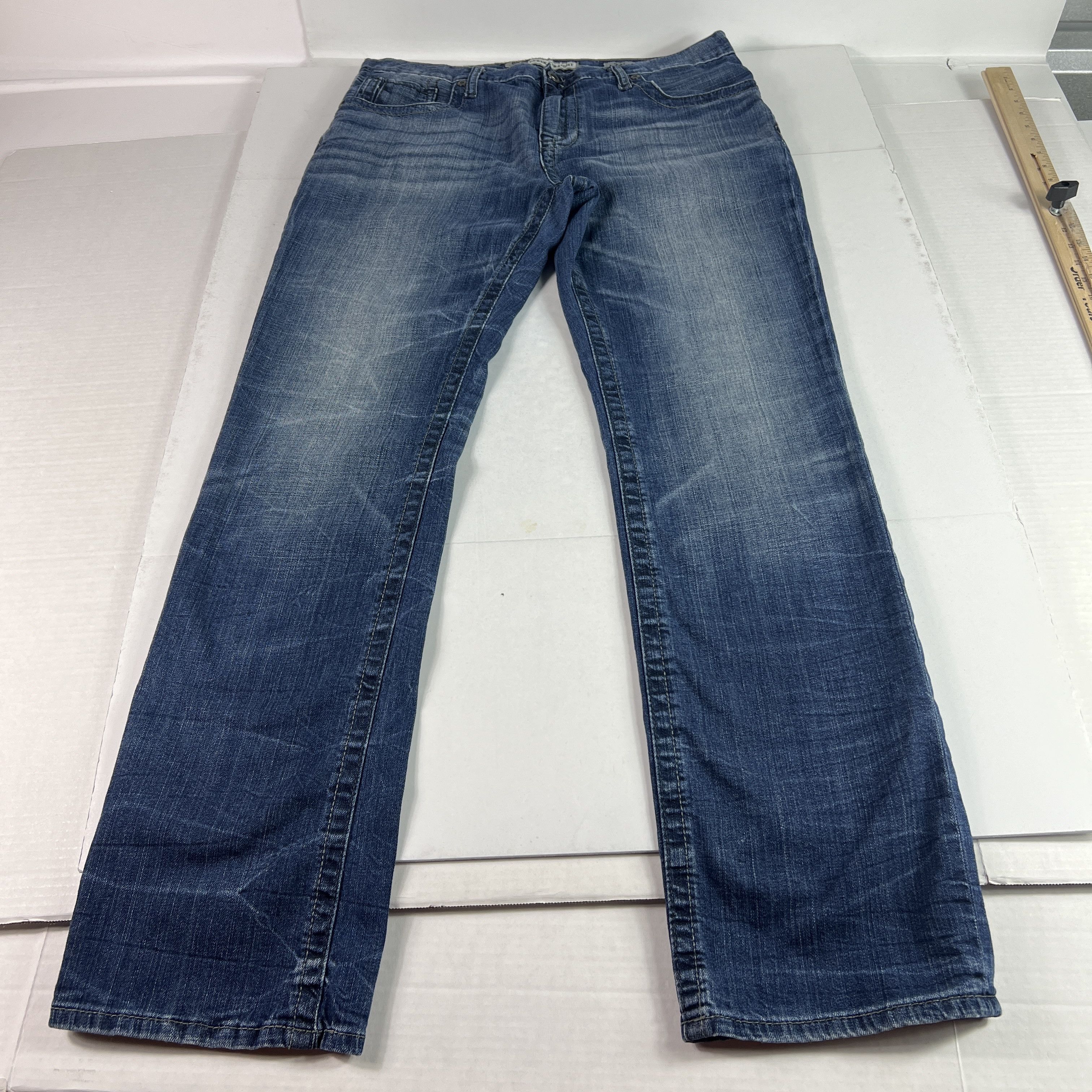 BKE BKE Jeans Long Derek Straight Leg Blue Faded Stretch Denim Size US 35 - 1 Thumbnail