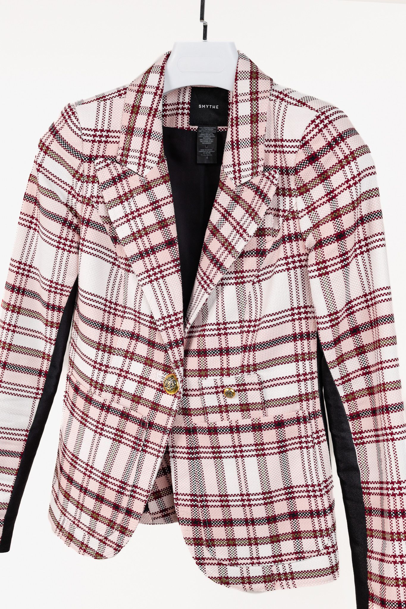 SMYTHE Smythe Blush & Black Plaid Tuxedo Stripe Cotton Blazer Size S / US 4 / IT 40 - 3 Thumbnail