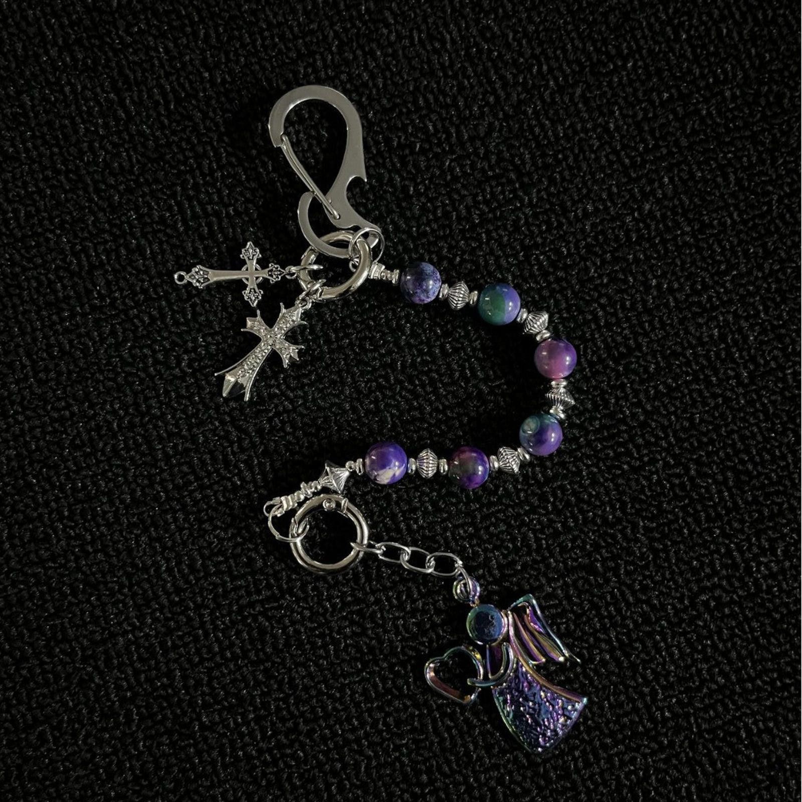 Jewelry Purple Beaded Angel Keychain, Handmade Charm Accessory Size ONE SIZE - 4 Thumbnail