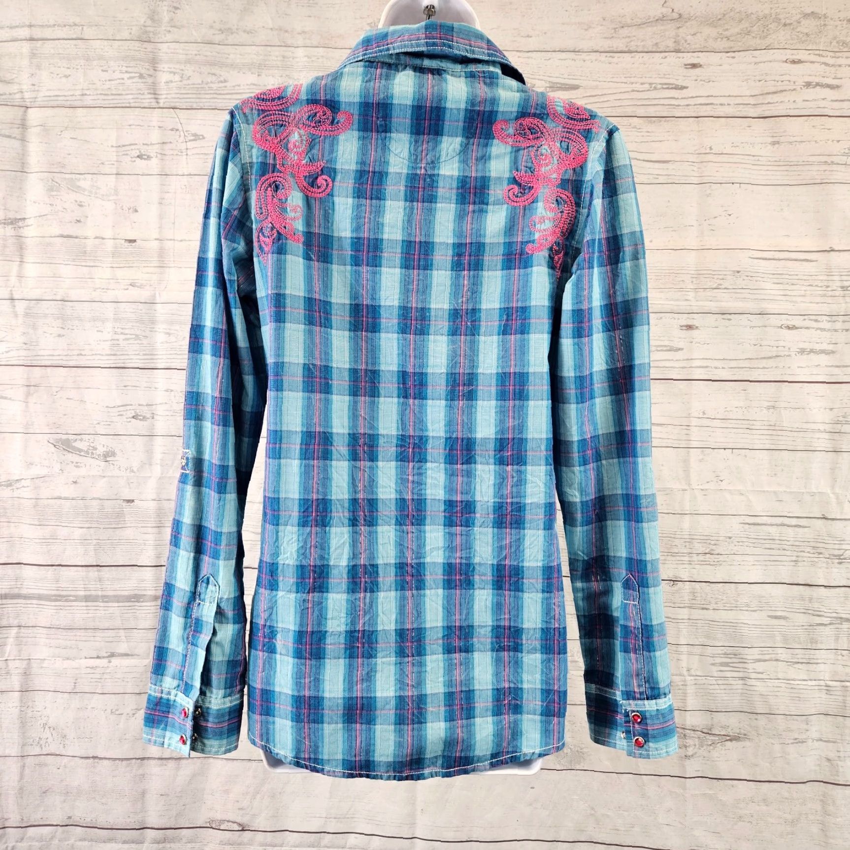 Wrangler Rock 47 by Wrangler Womens Pearl Snap Shirt Sz Small Blue Pink Embroidered Size S / US 4 / IT 40 - 4 Thumbnail