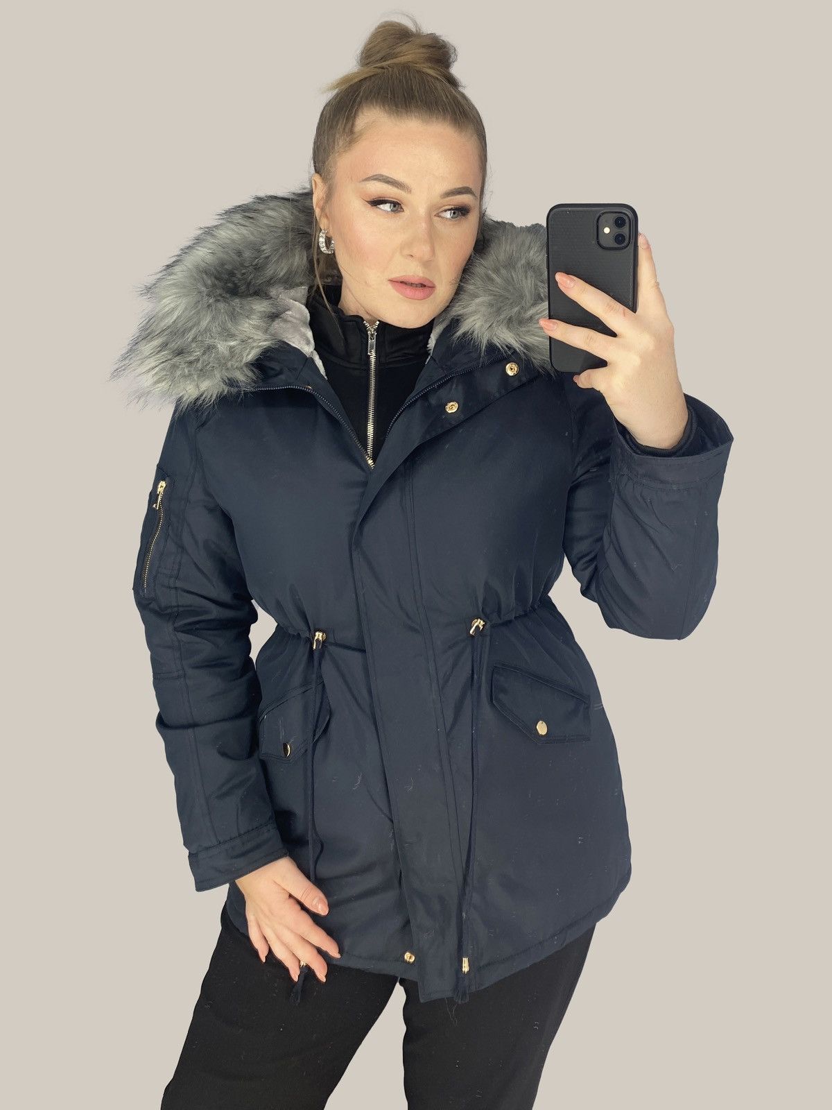 Other Navy Fur-Trimmed Jacket – Chic and Warm Size L / US 10 / IT 46 - 2 Thumbnail