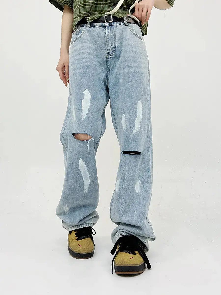 Retro ripped zipper straight leg jeans