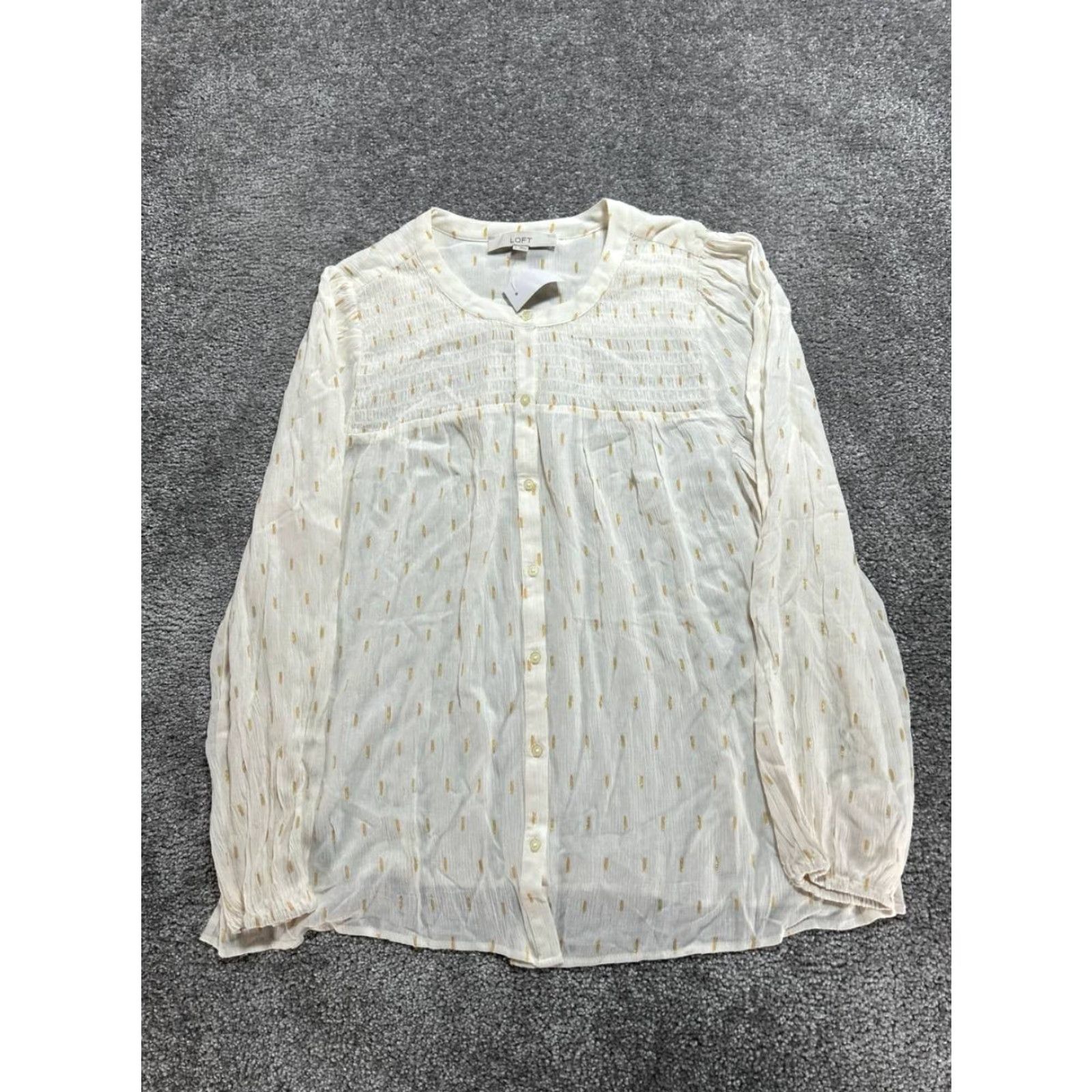 Loft Loft Blouse Top Womens Large Beige Metallic Vertical Dashed Smocked Detail New Size L / US 10 / IT 46 - 2 Thumbnail