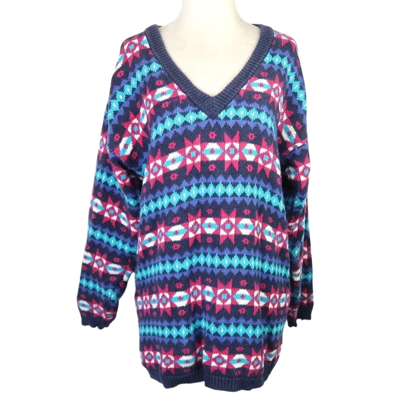 Nordstrom VINTAGE 90s Geometric Cotton Knit Sweater M Navy Blue Pink Geometric V-Neck Pullover Womens Size M / US 6-8 / IT 42-44 - 2 Thumbnail