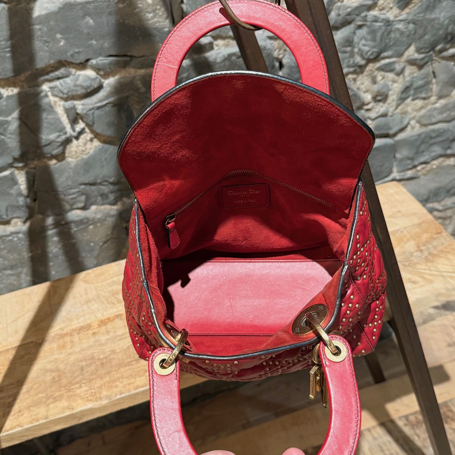 Dior Christian Dior Red Leather Gold Studded Medium Lady Dior Bag Size ONE SIZE - 15 Thumbnail