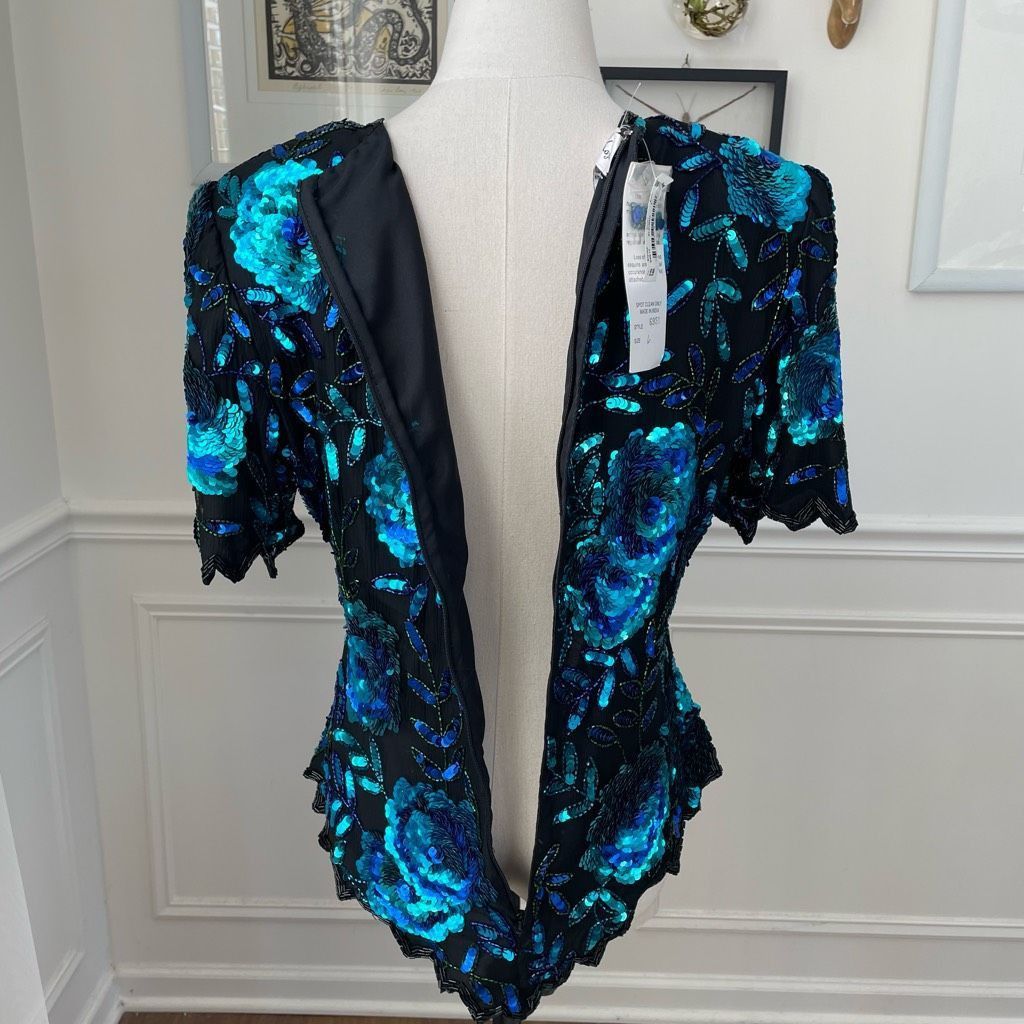 Other NWT NOS Laurence Kazar Beaded Sequin Short Sleeve Silk Top Blue Black L Size L / US 10 / IT 46 - 6 Thumbnail