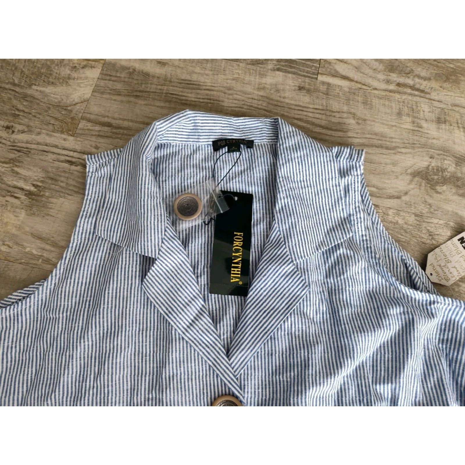 Vintage VINTAGE None Linen Blend Striped Shirt Dress Casual Women S Blue & White Sleeveless 90s Designer Size S / US 4 / IT 40 - 6 Thumbnail