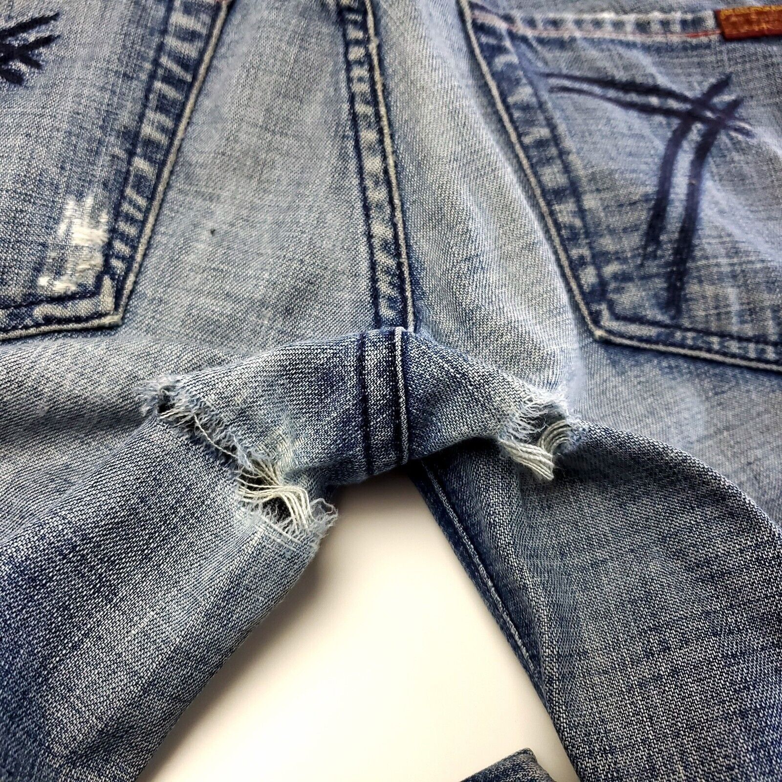 7 For All Mankind DAMAGED 7 For All Mankind Dojo Denim Blue Stone Wash Jeans L Size 33" - 4 Thumbnail