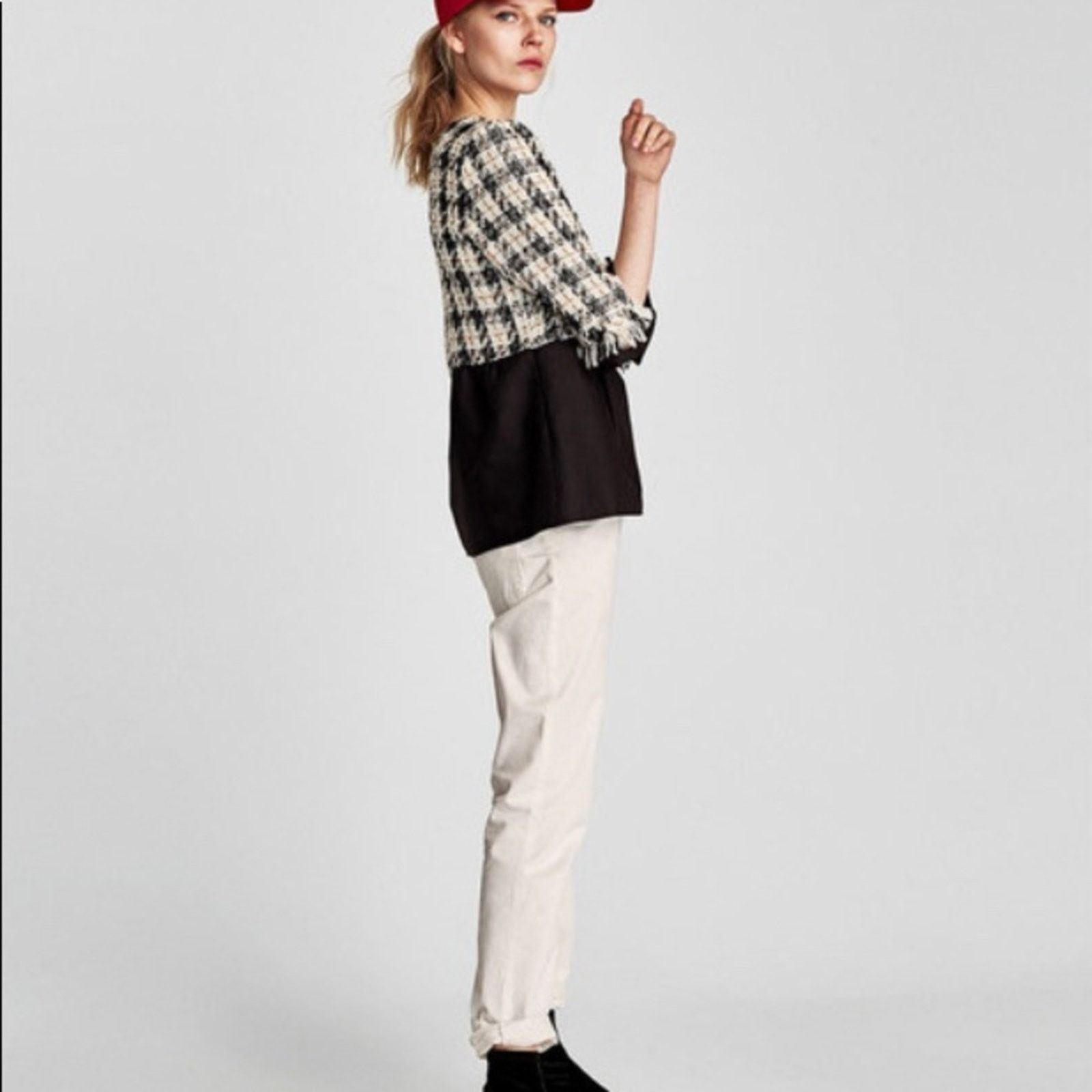 Zara Zara Tweed Houndstooth Peplum Top Fringe Trim Blouse Size US XS / EU 42 / 0 - 6 Thumbnail