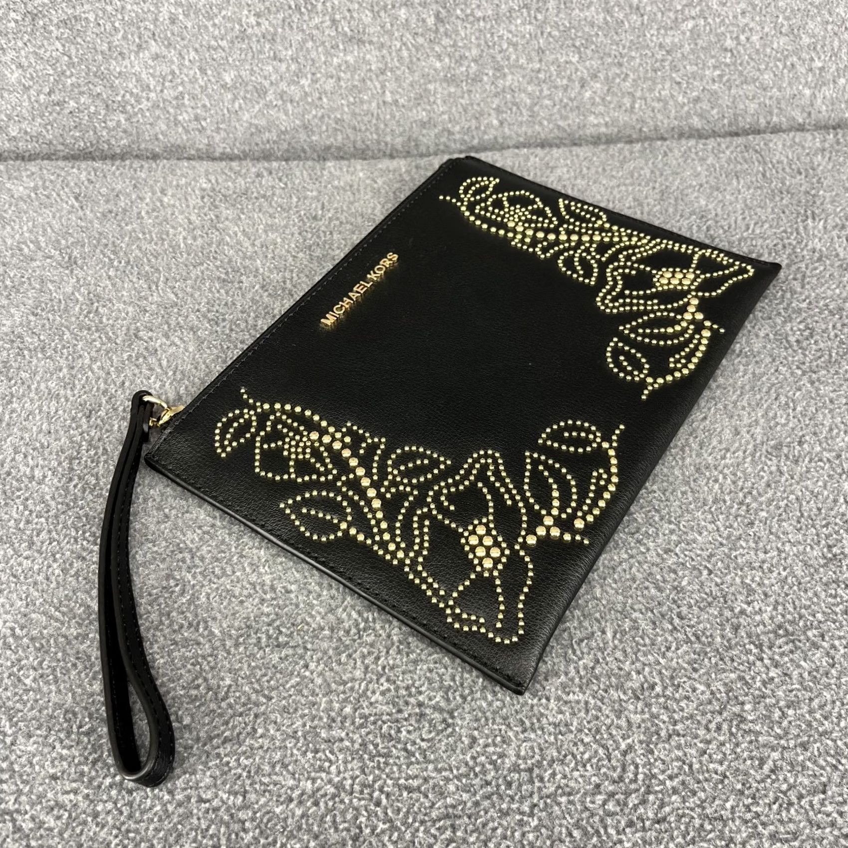 Michael Kors Michael Kors Wristlet Clutch Womens Floral Zip Pouch Bag Purse Black Gold Studded Leather MK Ava Clutch Womens Size ONE SIZE - 4 Thumbnail
