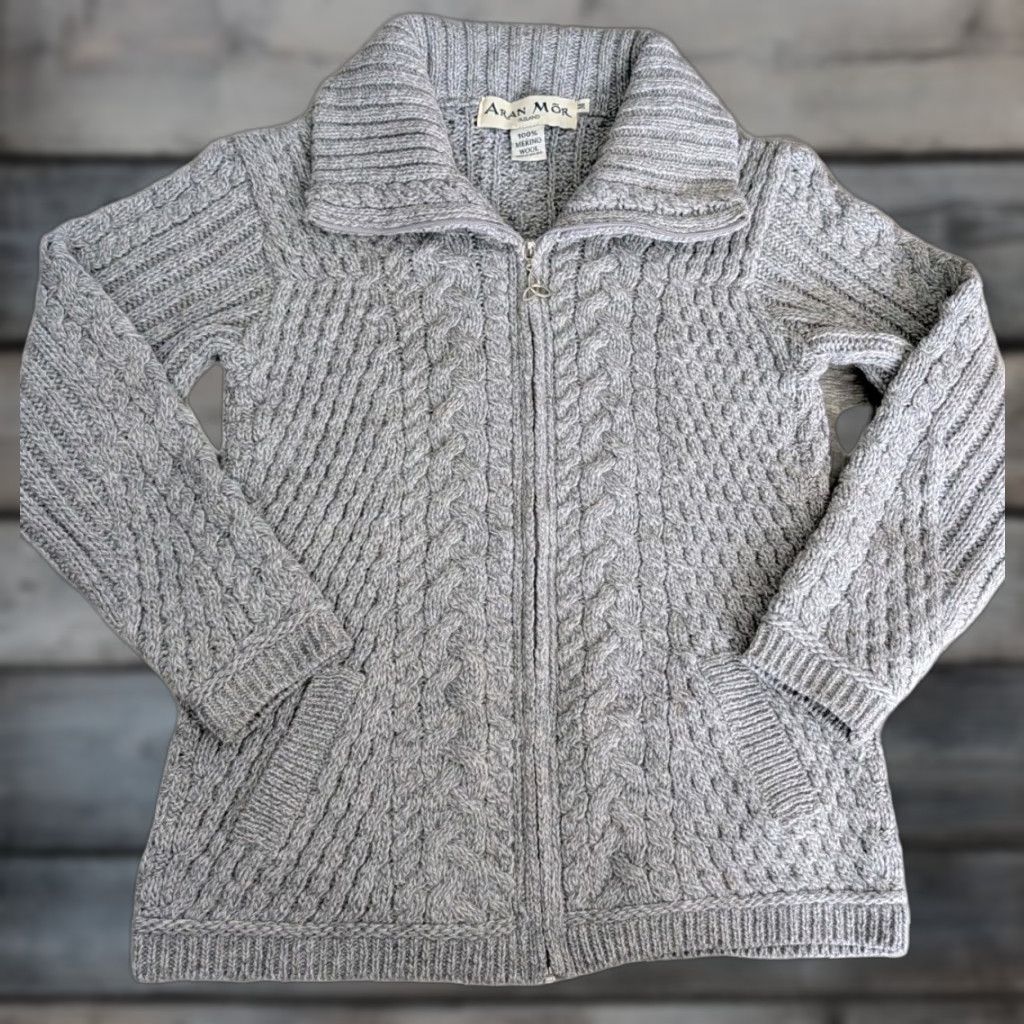 Vintage Aran Mor Sweater Cardigan Women Gray Merino Wool Cable Knit Full Zip Mock Neck Medium Size M / US 6-8 / IT 42-44 - 1 Thumbnail