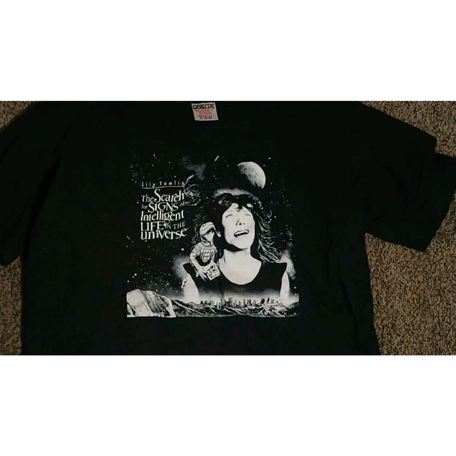 Vintage VINTAGE Lily Tomlin Search For Signs Intelligent Life In Universe T-Shirt XL Black Crew Neck Short Sleeve Oneita Mens Cotton Graphic Print Size US XL / EU 56 / 4 - 2 Thumbnail
