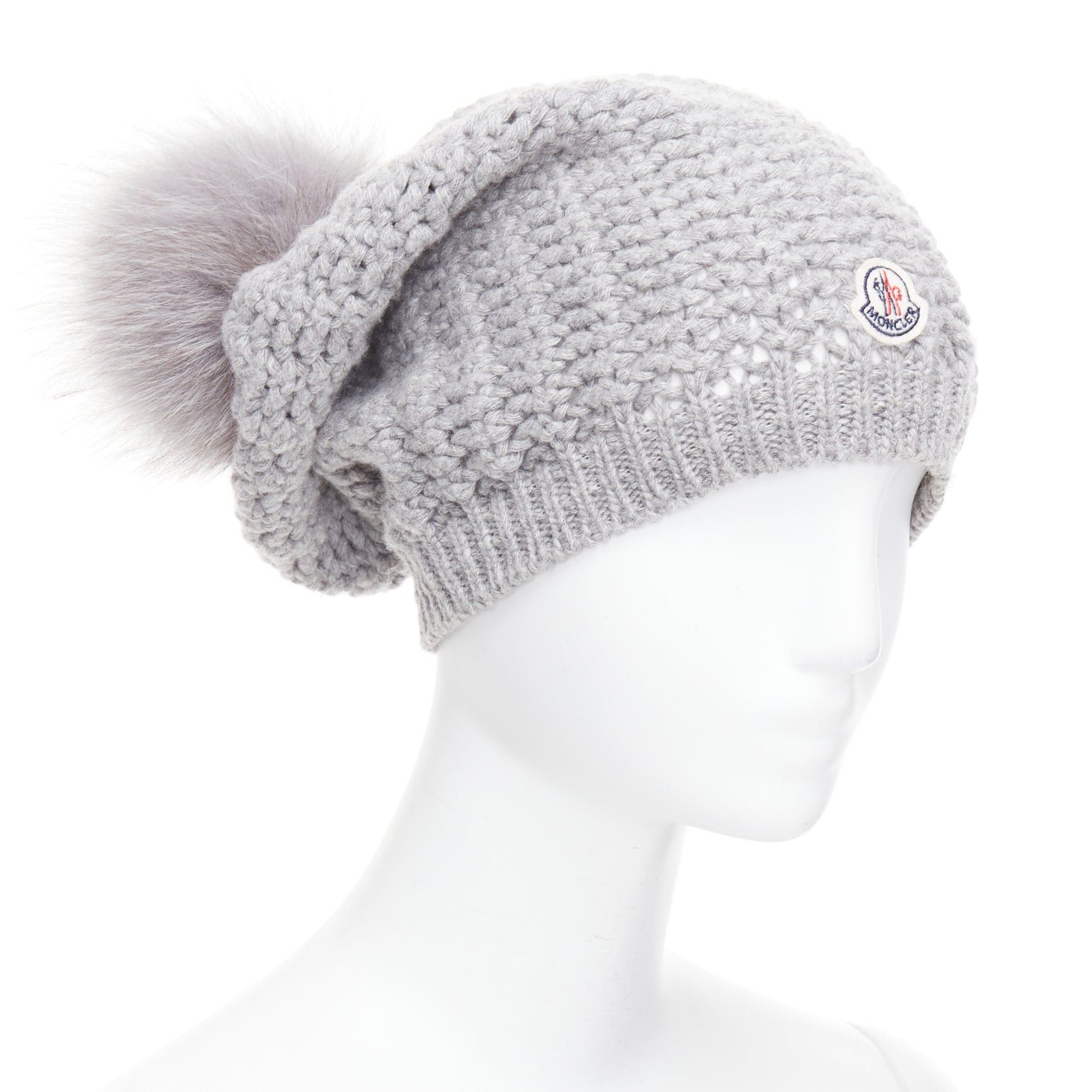 Moncler MONCLER grey fur pom pom cream logo heavy knit beanie hat Size ONE SIZE - 1 Thumbnail