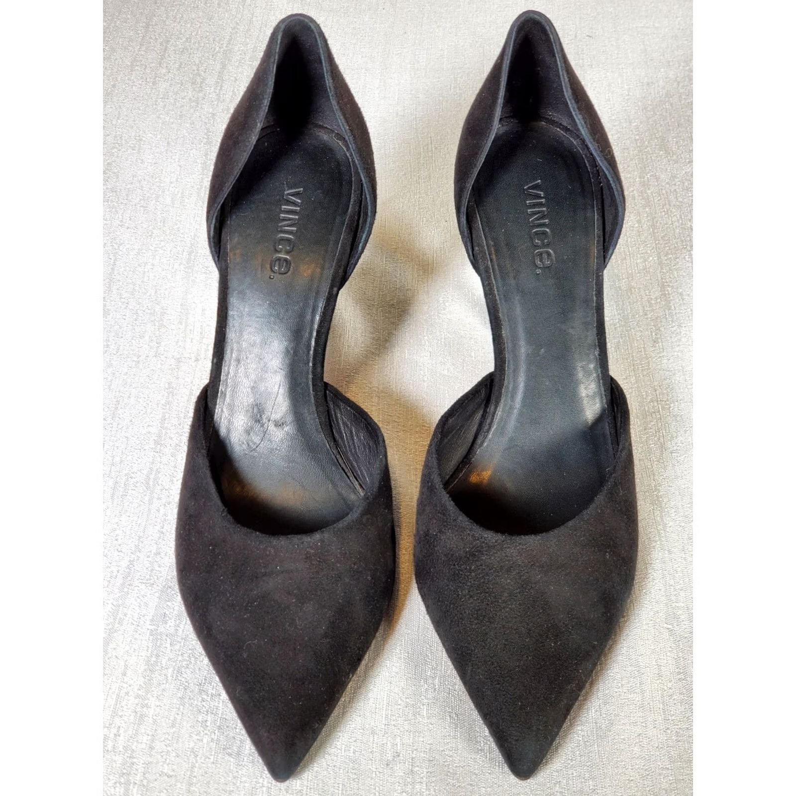 Vince Camuto Vince Paulette Black Suede Pointy Toe Slip On d'Orsay Pumps Women US 9 M High Heel Stiletto EU40 Classic Leather Upper Vintage? Size US 9 / IT 39 - 4 Thumbnail