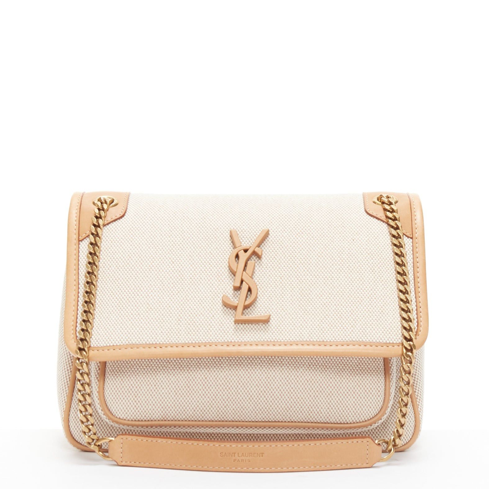 Saint Laurent Paris SAINT LAURENT Niki beige canvas brown leather trim logo flap crossbody chain bag Size ONE SIZE - 1 Thumbnail