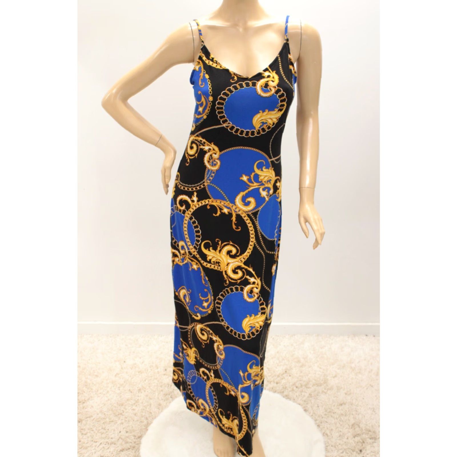 Vintage ABSOLUTELY LOVE IT Dress Womens 1X Blue Spaghetti Strap Rings Chain Roman Fitted Dress Size XL / US 12-14 / IT 48-50 - 2 Thumbnail