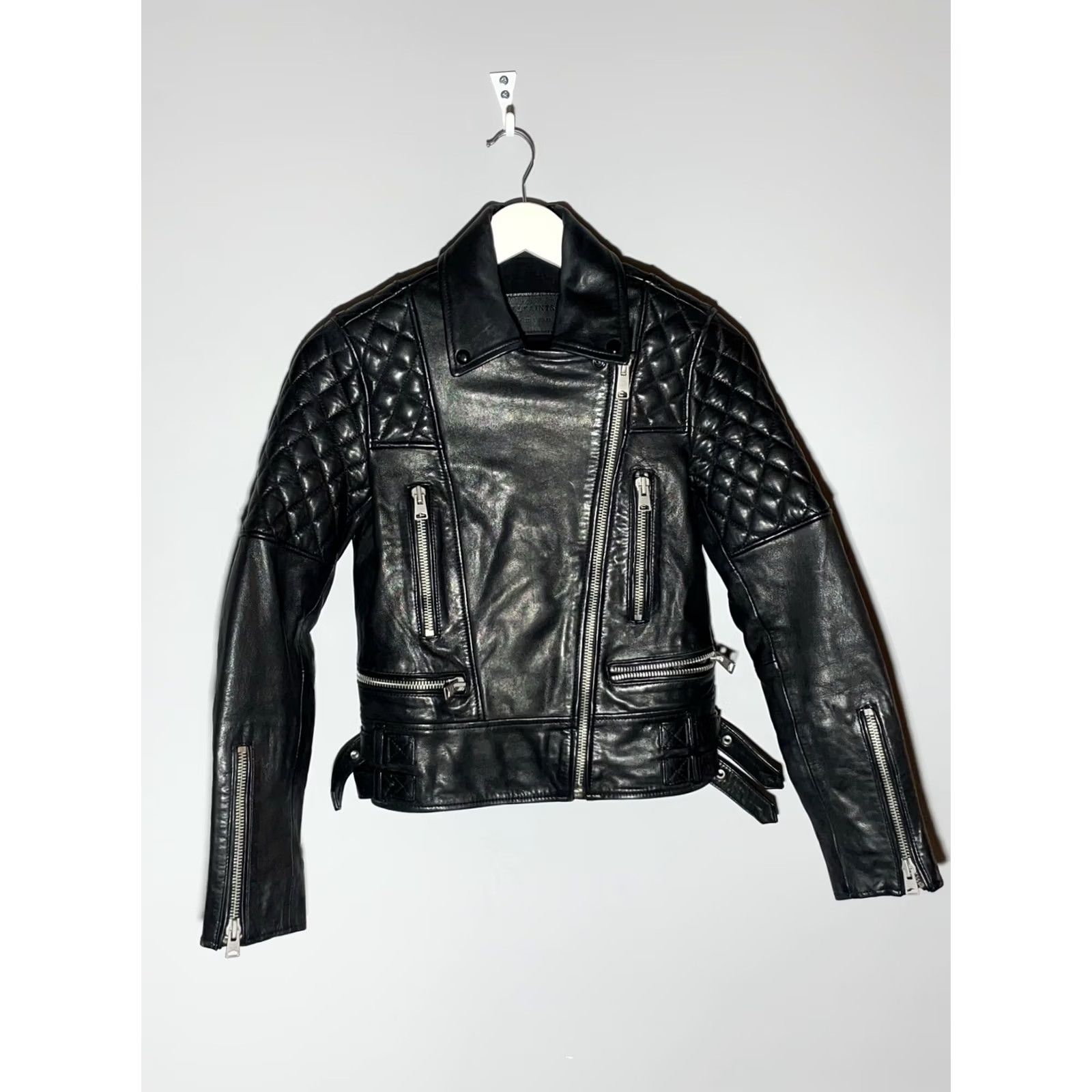 Allsaints AllSaints Esher Biker Jacket Women’s Size 32 Leather Black 1/2 Zip Pockets Adjust Buckle Zipper Vintage No 4 XS-4? Size S / US 4 / IT 40 - 2 Thumbnail
