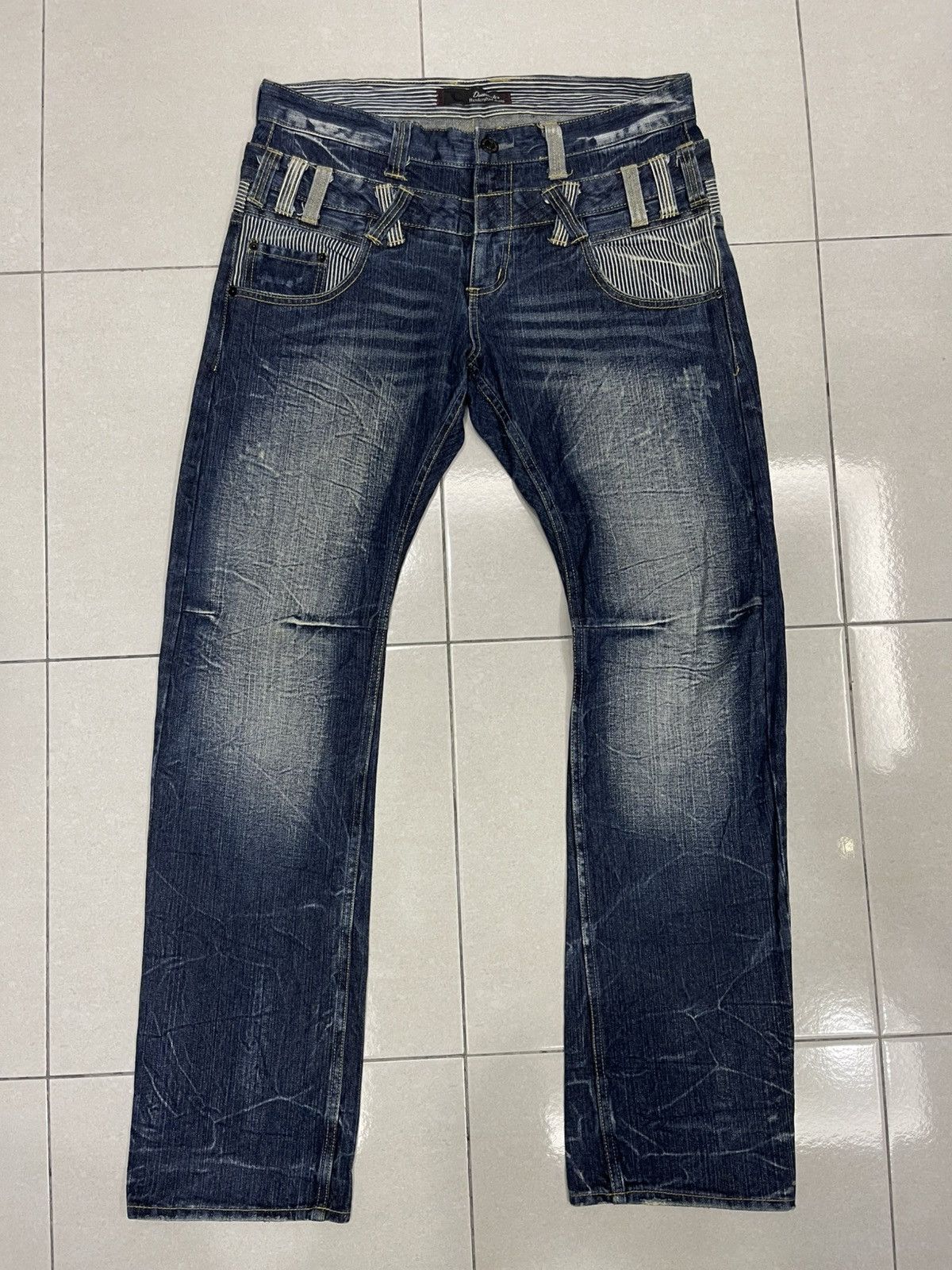 Japanese Brand Dominate Handcrafted Jeans Double Waist Hickory Stripe Denim Size US 35 - 1 Thumbnail
