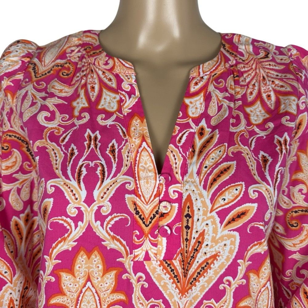 Loft NWT New LOFT Paisley Smocked Cuff V-Neck Cotton Blend Blous Size XS / US 0-2 / IT 36-38 - 9 Thumbnail