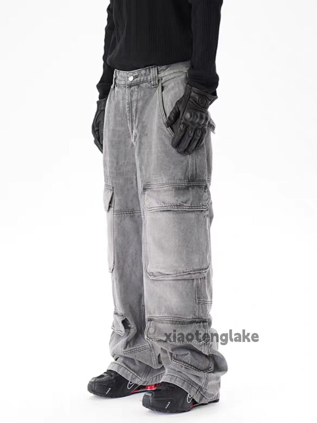 unisex washed faded loose baggy skate cargo jeans