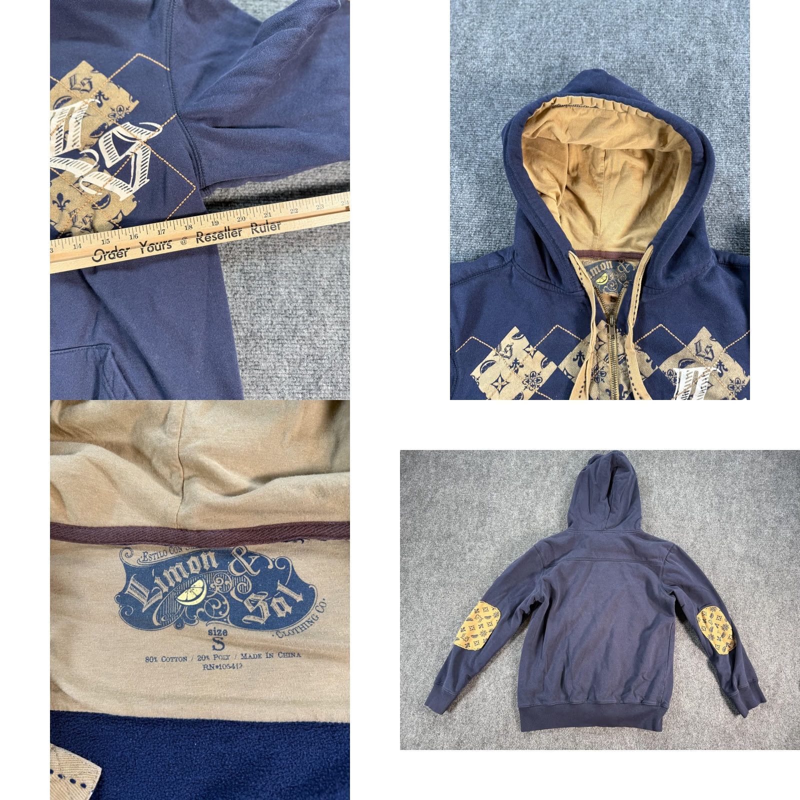 Vintage VINTAGE Limon & Sal Hoodie Mens S Navy Blue Tan Full Zip Argyle Elbow Patch Graphic Size US S / EU 44-46 / 1 - 8 Thumbnail