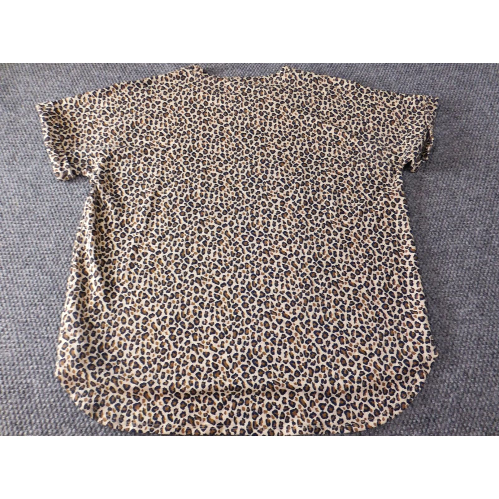 Vintage Crown & Ivy Blouse XL Brown Animal Print Crew Neck Short Sleeve Pullover Kin Knit Polyester Rayon Button Women's Live/Regular Fit Size XL / US 12-14 / IT 48-50 - 7 Thumbnail