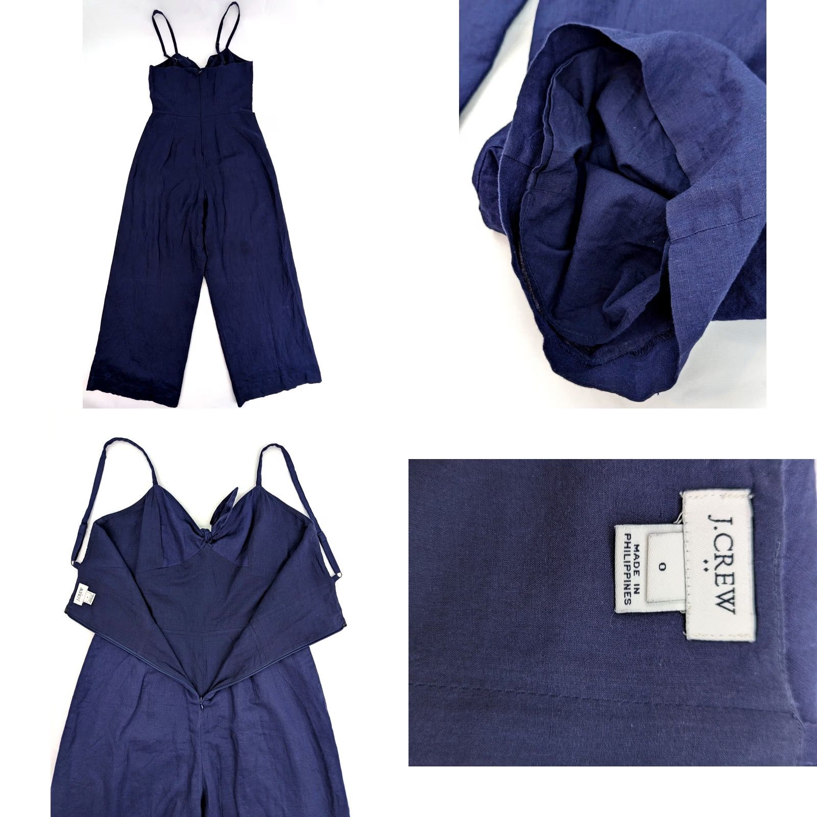 J.Crew J.CREW Linen Blend Sleeveless Jumpsuit Navy Blue 0 Women Adults Wide-Leg Inseam 24 in Bow Accent Shirt/One-Piece Size 25" / US 0 / IT 36 - 8 Thumbnail