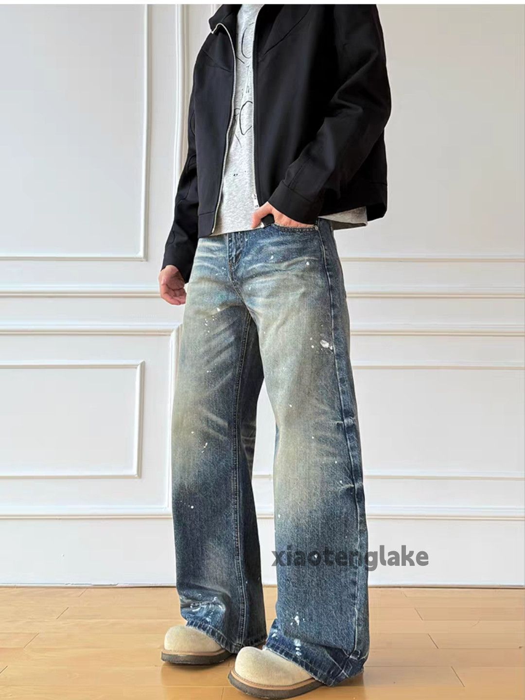 Jean xtl faded distressed wide Leg loose baggy paint jeans Size US 33 - 5 Thumbnail