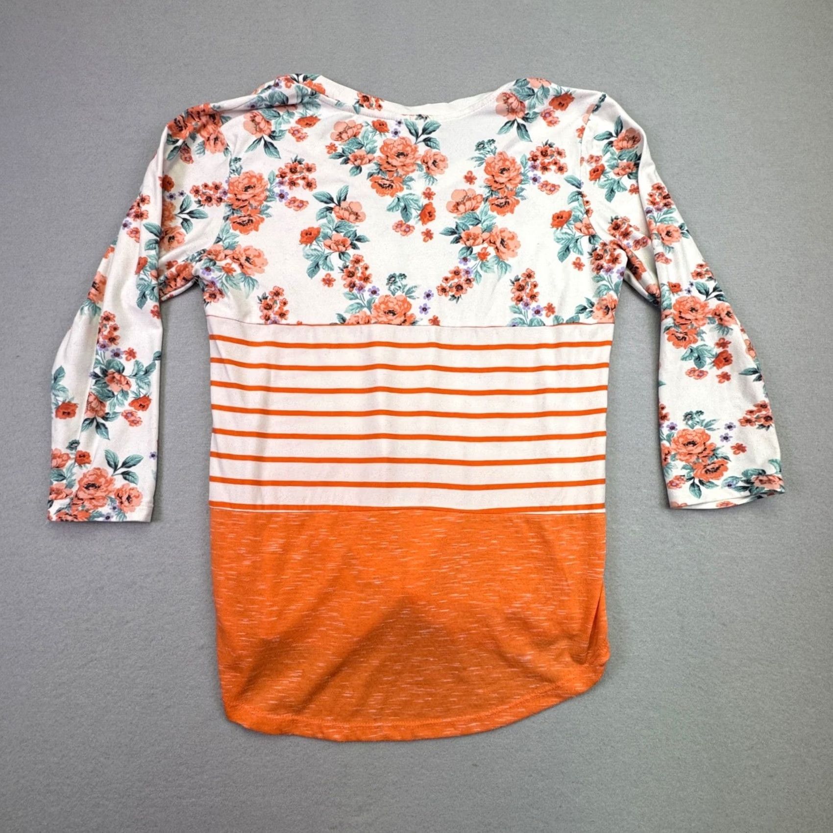 Vintage Bobbie Brooks Women's T-Shirt Knotted Hem V-Neck 3/4 Sleeve Floral Striped Orange White Medium Size M / US 6-8 / IT 42-44 - 6 Thumbnail