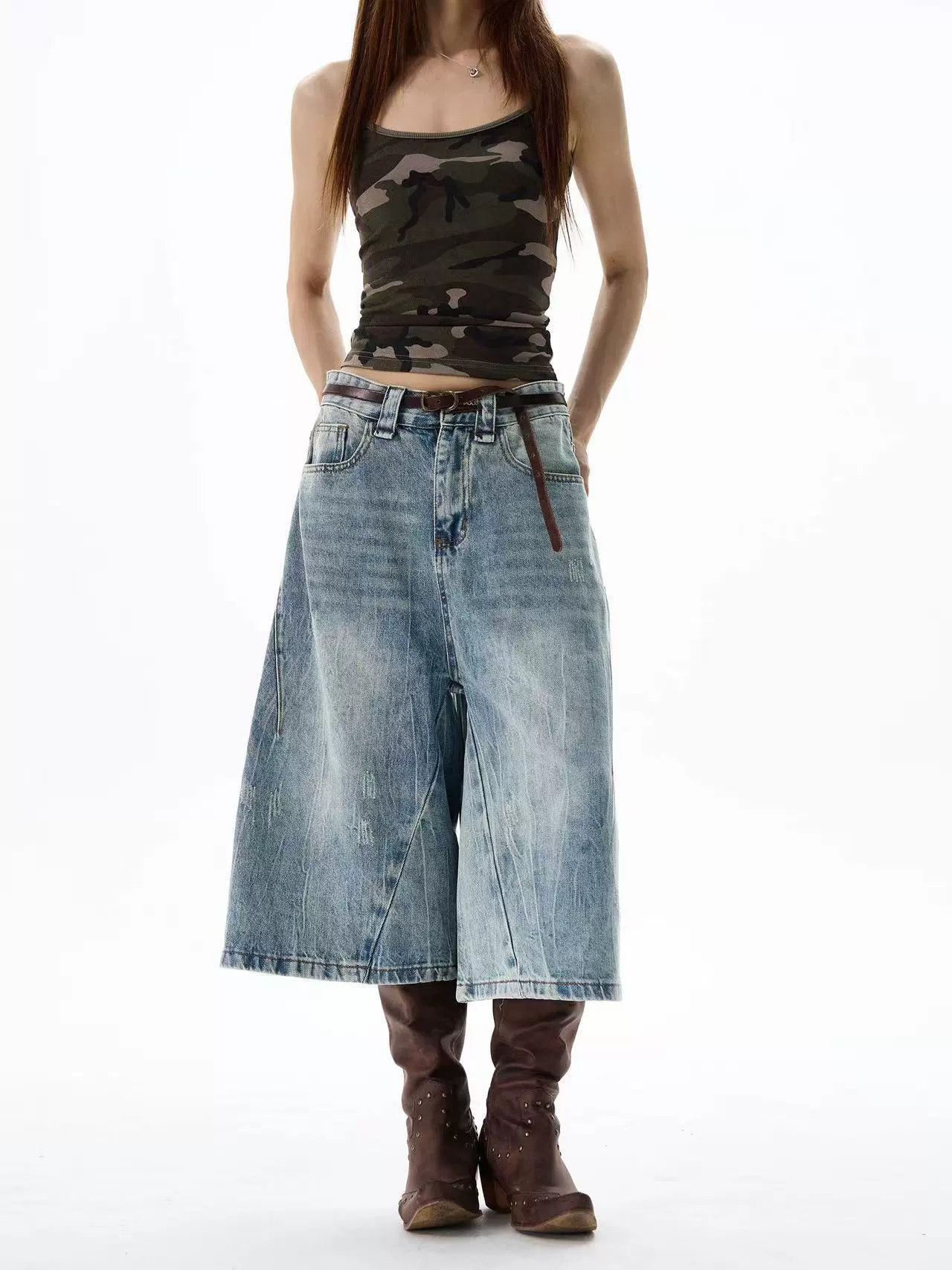 Jean Retro street washed patchwork men's casual loose shorts· Size US 32 / EU 48 - 2 Thumbnail