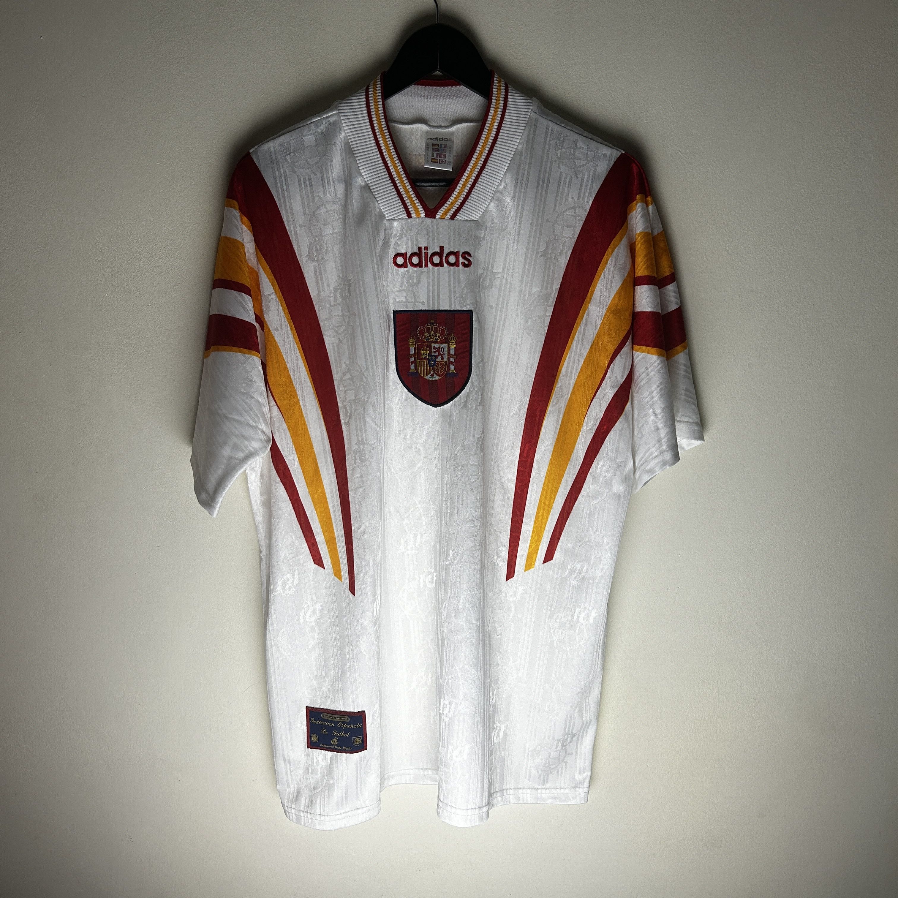 image of Vintage Adidas Spain 1996 Third Soccer Jersey in White, Men's (Size XL)